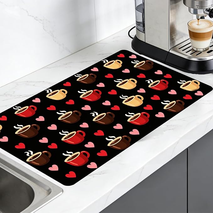 Nuxovilar Coffee Bar Mat Natural Rubber &amp Canvas Fabric 16.92 x 31.1 Coffee &amp Heart Print Bar Accessories Decorative Mat Home Kitchen Breakfast Nook