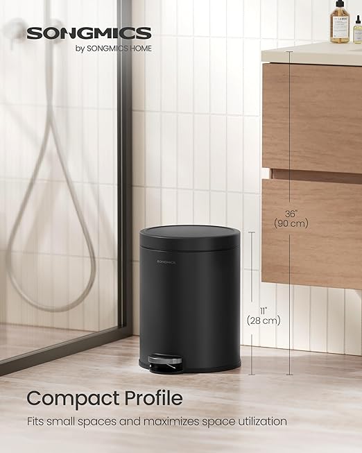 SONGMICS Bathroom Trash Can 1.6 Gallon (6 L) Small Toilet Garbage Bin with Lid Soft-Close Stainless Steel Pedal Inner Bucket Bedroom Ink Black ULTB016BZ01
