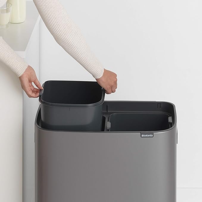 Brabantia Bo Touch Top Kitchen Trash Can with Dual Compartments | Platinum | 2 x 8 Gal Inner Buckets | Soft-Close Garbage Can Light Touch Opening Stay-Open Lid | Fits Against Wall | + Trash Bags