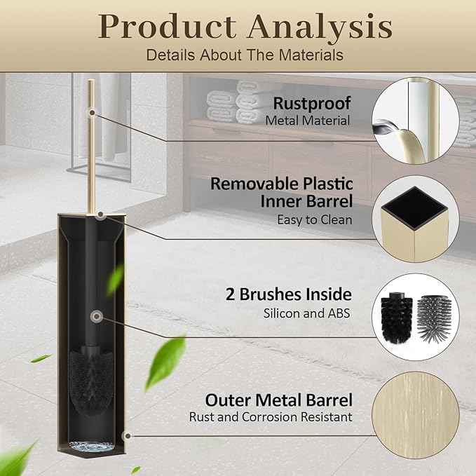 Toilet Brush and Holder Wall Mounted Brushed Gold Aluminum with 2 Replaceable Heads Bathroom Toilet Brush Drill or 3M Adhesive Mount Removable Liner and Splash Guard Modern Square Design