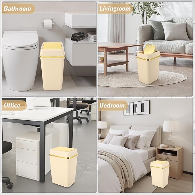 Bathroom Trash Can with Lid 4 Gallon Trash Can with Swing Lid Beige Small Garbage Can Bathroom Garbage Can with 300 Counts Trash Bags for Kitchen Bedroom Office