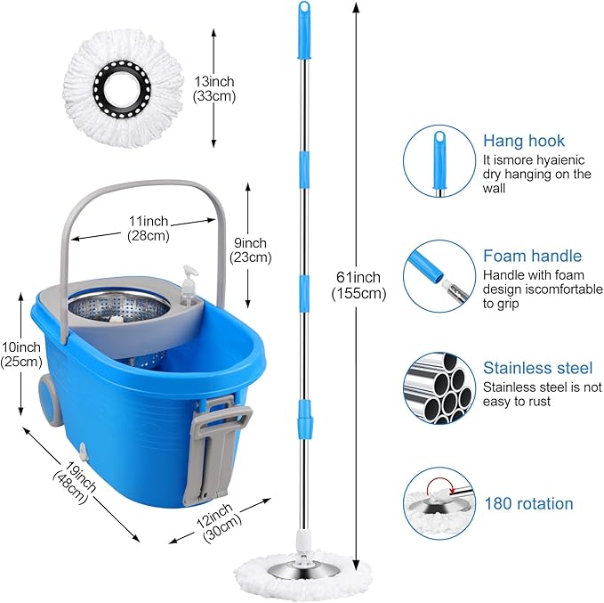 Spin Mop and Bucket with Wringer Set on Wheels 360° Spinning Mop Bucket System with 3 Microfiber Mop Replacement Heads and 61 Stainless Steel Adjustable Handle for Floor Cleaning (25QT)