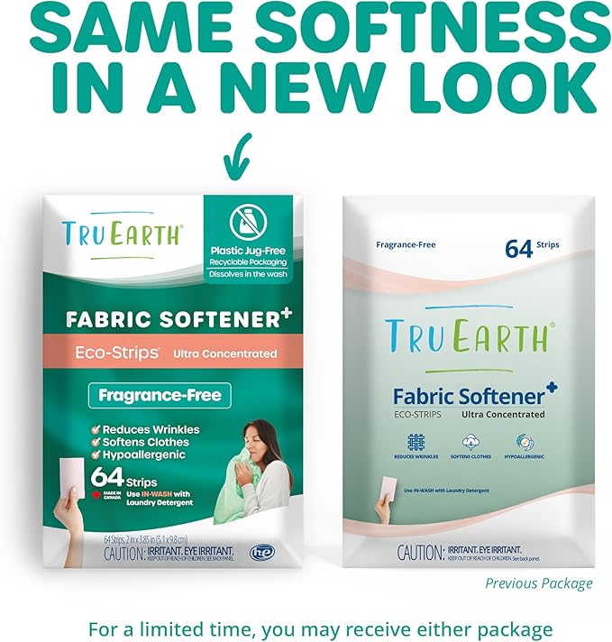 Tru Earth Fabric Softener Strips for Washing Machine Alternative to Fabric Softener Liquid and Pods Unscented Fragrance Free Up to 128 Loads Per 64-Count