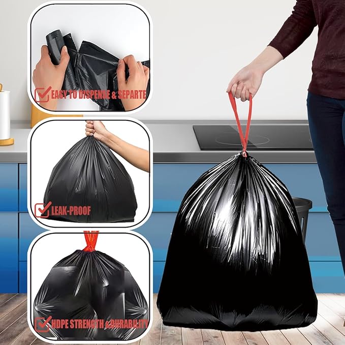 13 Gallon Trash Bags Drawstring 100 Count Bulk Black &amp Unscented Garbage Bags Multi-purpose Tall Kitchen Trash Bags Can Liners for Business Home Commercial and Industrial