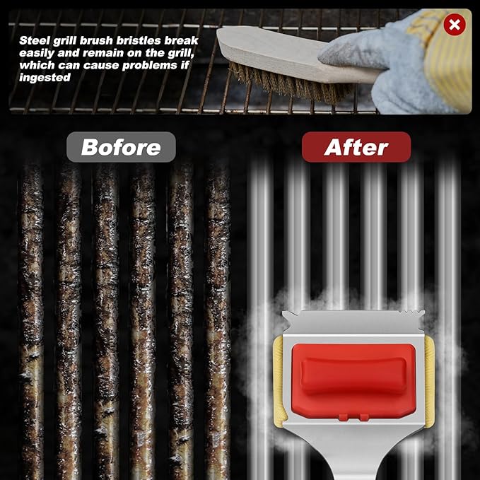 Steam Safe Grill Cleaning Brush Bristle Free for Outdoor Grill with 15 Extended Handle 3X Thick Aramid Fabric Replaceable Brush Heads Heavy Duty Triple-Groove Scraper Design for All Grates Red