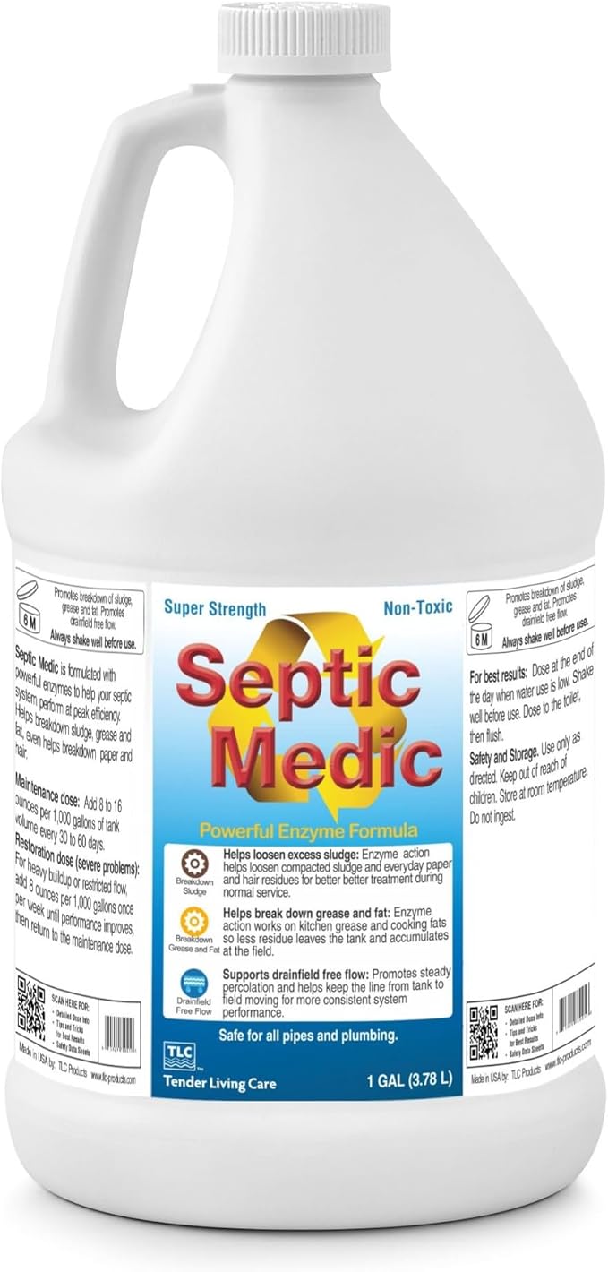 Septic Medic Septic Tank Treatment Enzyme System Cleaner Breakdown Sludge Breakdown Grease and Fat Supports Drainfield and Leach Field Free Flow Backed by Science – 1 Gallon