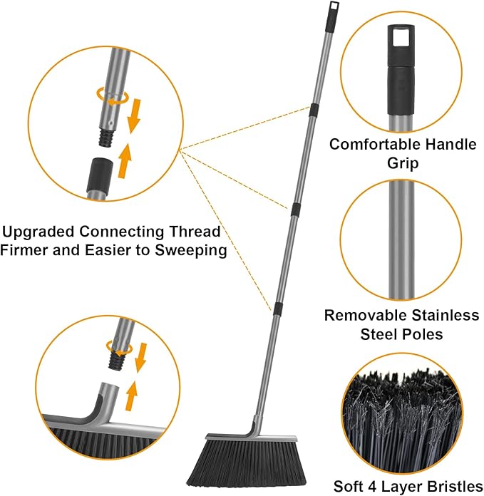 KeFanta 4 Packs Outdoor Broom Heavy Duty with 55 Long Handle Commercial Brooms for Sweeping Indoor Courtyard Restaurant Garage Patio Decks Mall Market Kitchen Office Lobby Shop