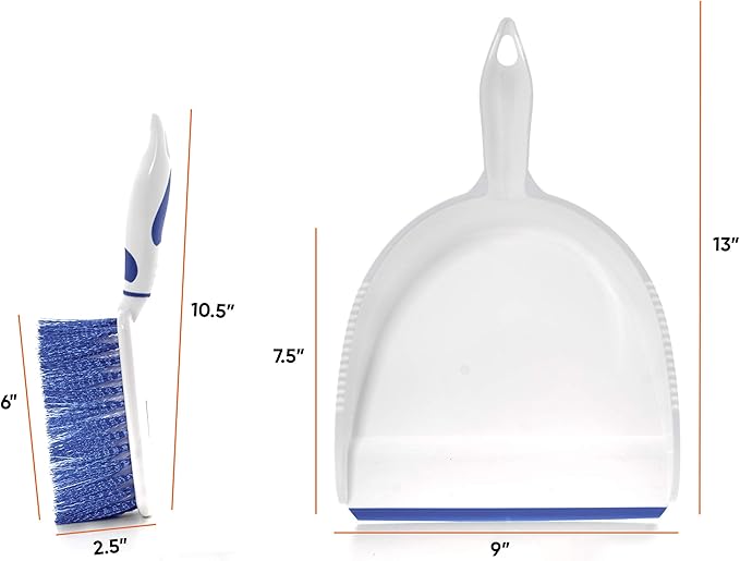 Dustpan and Brush Set Hand Broom with Ergonomic Grip Handle - Rubber Edge for Easy Dirt Pickup Durable Material - Grey &amp Blue Hand Brush by Superio 2-Pack (Blue 2-Pack)