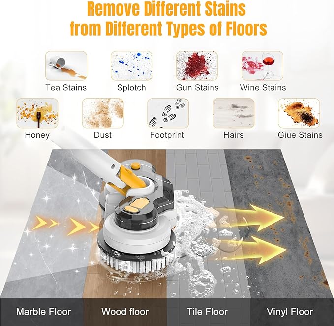 Cordless Electric Mop for Dewalt 20V Battery (NO Battery) 2 in 1 Spin Mop &amp Electric Floor Scrubber with LED Light &amp Water Spray Electric Mops for Floor Cleaning HardwoodTile (White Yellow