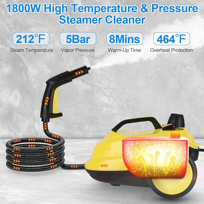 Handheld Steam Cleaner Portable Steamer with 15pcs Accessories Steam Lock 16.8ft Long Power Cord 2L Large Tank Overheat Protection Multi-Purpose Steamer for Home Car Bathroom Grease (Yellow)
