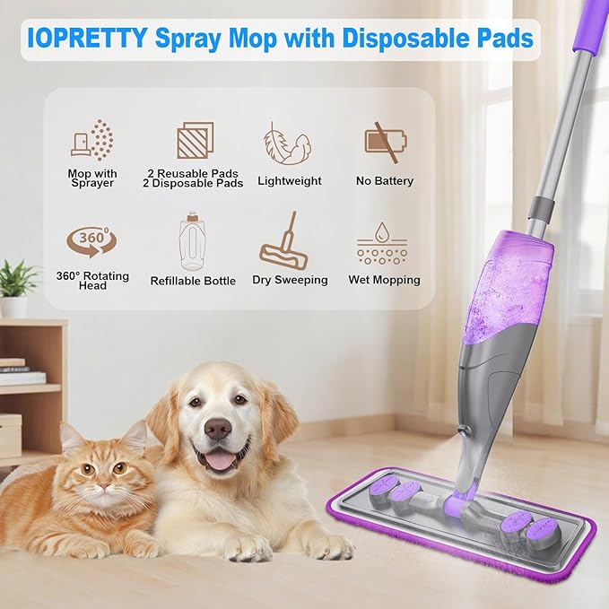 Spray Mop for Hardwood Floor Cleaning with 2 Reusable Pads + 12 Disposable Refills &amp 2 Bottles