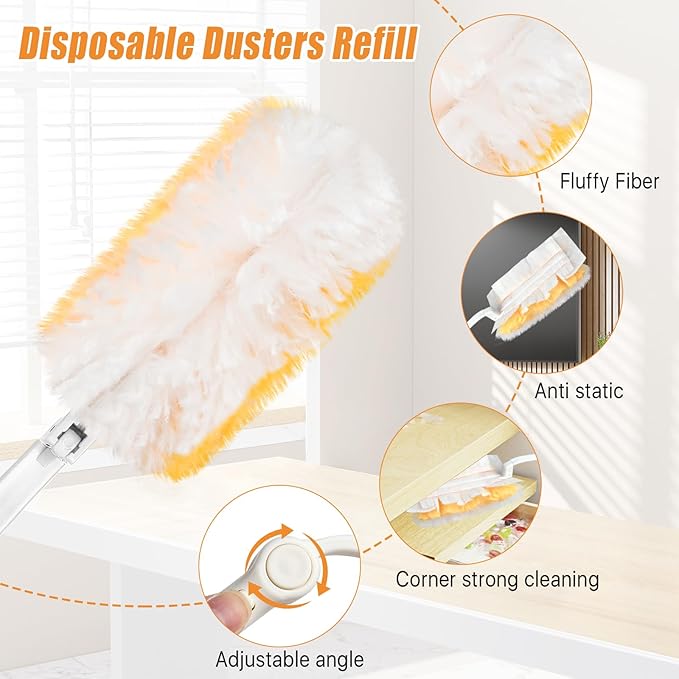 100 Pcs Duster Refills Bulk Thickened Duster Refill Electrostatic Duster Head Duster Refills for Cleaning with 2 Long Handles 2 Short Handles Disposable Duster Refills for Blinds(Yellow)