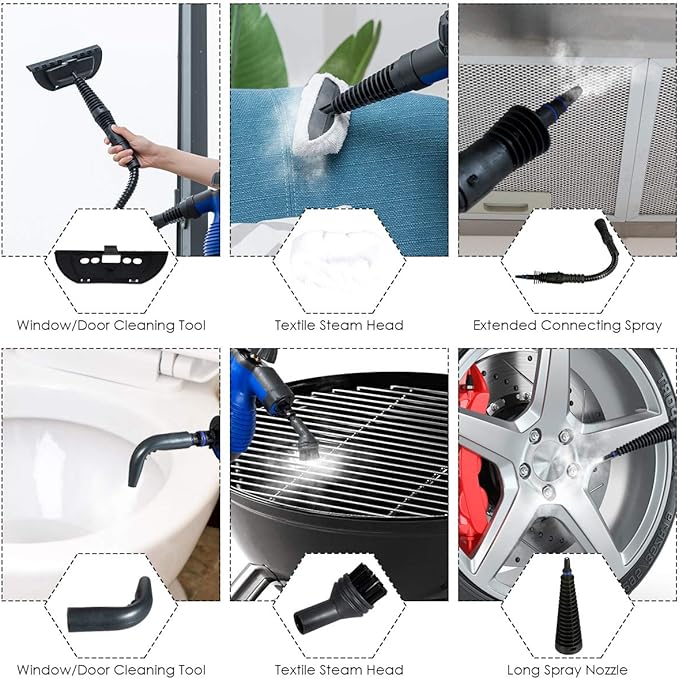 Goplus Handheld Pressurized Steam Cleaner with 9 Piece Accessories Multipurpose Steamer w/Safety Lock for Carpet Curtain Car Seat 1050W Portable Upholstery Steamer for Home Kitchen Bathroom(Blue)