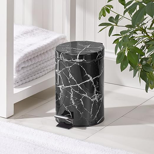 mDesign Extra Small Modern 3-Liter/.7 Gallon Round Metal Lidded Step Trash Can Compact Garbage Bin with Removable Liner Bucket and Handle for Bathroom Kitchen Office Garage - Black Marble Print