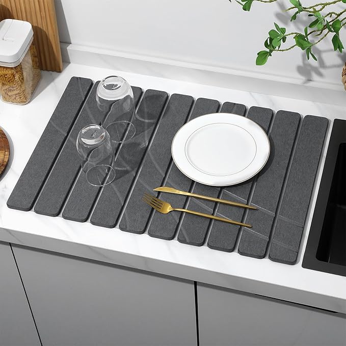 Large Stone Dish Drying Mat for Kitchen Counter2 PCS Quick Dry Stone MatsFoldable Water Absorbing Diatomaceous Drying Pad for Countertop Bottles Utensils Cups (Flow Line Dark Gray 24x16 &amp 8x4