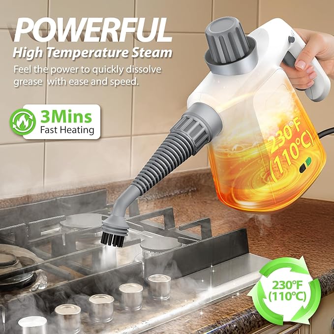 15.2OZ Steam Cleaner Hands-free Steamer for Deep Cleaning with 14PCS Accessories &amp Safety Lock Chemical-Free Handheld Steam Cleaner for Home Car Furniture Grease Grout Floor (White)