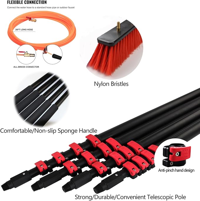 Water Fed Pole Brush Kit Telescopic Window Cleaning Brush Pole - Extendable Cleaner for Roof Conservatory Photovoltaic and Solar Panels