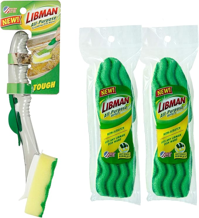 Libman All-Purpose Scrubbing Dish Wand - Fillable with 4 Multi-Purpose Sponge Head Refills