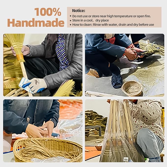 Wedding Broom for Jumping CeremonyHandmade Natural Whisk Broom with Wooden Handle for Halloween DIY Decoration Vietnamese Straw Soft Broom (12.6”Width 28.74” Length)