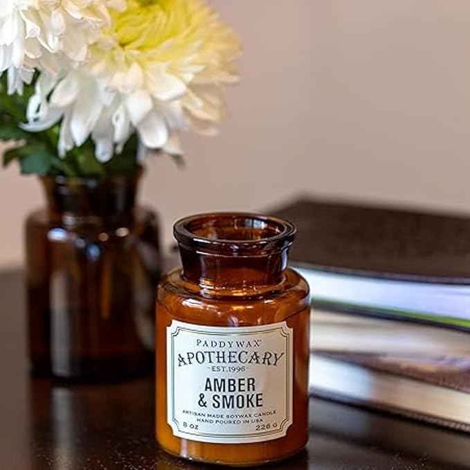 Paddywax Artisan Apothecary Scented Candle with Lid in Reusable Glass Jar Clean-Burn Soy Candle with Approx. 54 Hour Burn Time Amber &amp Smoke 8 oz.