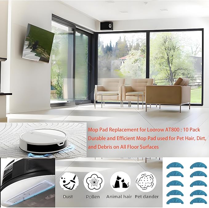 Replacement Loorow Accessory-10 Washable Vacuum Mop Cloths Compatible AT800 3-in-1 Washable and Reusable Soft Mopping Pad Parts Accessories