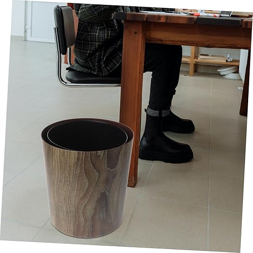 Imitation Wood Grain Trash Can Vintage Style Round Wastebasket for Home Office Kitchen Bathroom Lightweight Clean Capacity Garbage Container