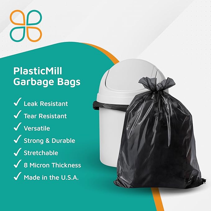 PlasticMill Heavy Duty Trash Bags - Black Garbage Bags - Plastic Trash Bags - Kitchen Bathroom Office Garbage Bags Trash Can Liners - 7-10 Gallon Small Trash Bags 8 Microns 24x24 (1000-Count)