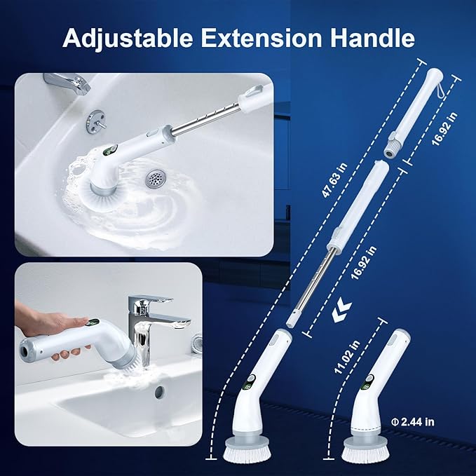 LABIGO Electric Spin Scrubber LA4 Pro Dual Speed Bathroom Scrubber with Display &amp 6 Replacement Cleaning Heads Cordless Power Scrubber with Adjustable &amp Detachable Handle for Bathroom Floor