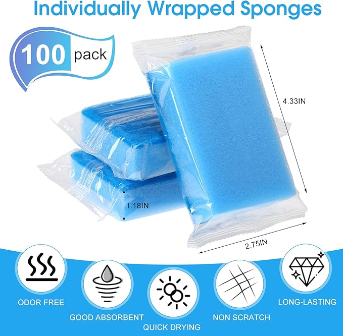 Tioncy 100 Pcs Individually Wrapped Sponges Kitchen Bulk Blue Dish Non Scratch Scrub Sponges Dual Sided Cleaning Dish Scrubber for Washing Dishes Pots Pans Sinks Stoves Appliances Car Bike