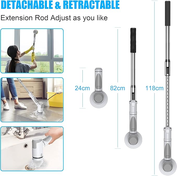 Electric Spin Scrubber Scrub Brush Dual Speed Power Shower Scrubber with 6 Replacement Head Cordless Cleaning Brush with Extension Handle for Bathtub Grout Tile Floor White