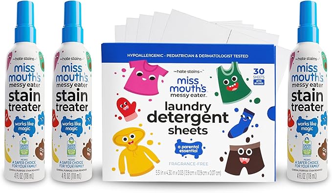 Miss Mouth's Messy Eater Stain Treater Spray - 4oz 3 Pack Stain Remover and Laundry Detergent Sheets 30 Pack