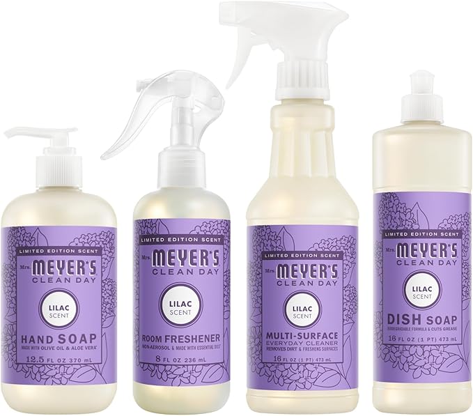 Mrs. MEYER'S Variety 1 Room Freshener 8 OZ 1 Liquid Dish Soap 16 OZ 1 Liquid Hand Soap12.5 OZ 1 Multi-Surface Cleaner 16 OZ 1 CT (Lilac)