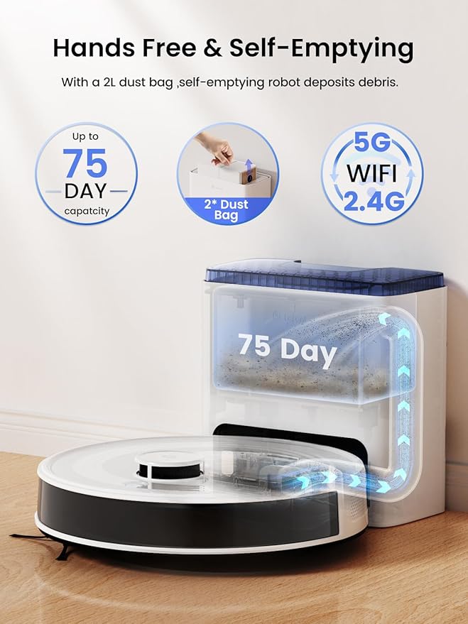 Lefant LiDAR Robot Vacuum and Mop 75-Day Self-Emptying 6000Pa Strong Suction Customized Cleaning Multi-Floor Mapping 130 Min Runtime 2.4G/5G WiFi/Alexa/APP/iWatch M2L Plus