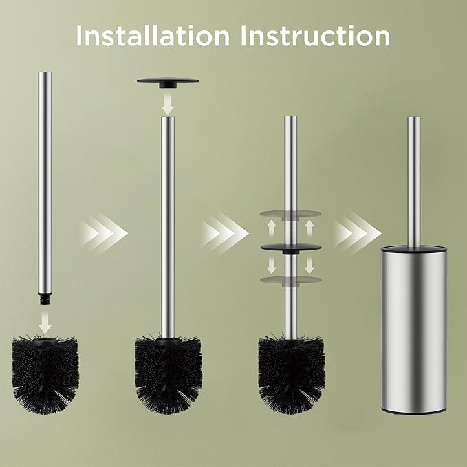 Toilet Brush and Holder Set Toilet Bowl Brush with Heavy Duty 304 Stainless Steel Base and Extra Long Handle Toilet Bowl Cleaners Brush for Bathroom (Stainless Steel)