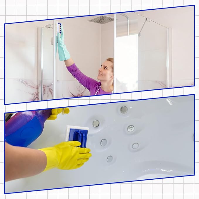 Maxdot 18 Pcs Handled Bath Scrubber Set 15 Bathroom Scouring Pad 3 Bathtub Scrubber with Handle Non Scratch Soap Scum Remover for Cleaning Sink Shower Tile Swimming Pool Step Corner(Blue and White)