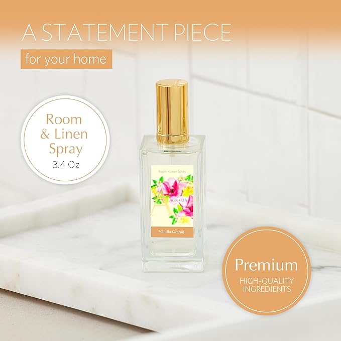 Agraria Vanilla Orchid Room and Linen Spray 3.4 Oz Sweet Rich Air Freshener Spray Fabric Perfume for Bathroom Bed Sheets Car Interiors Closet