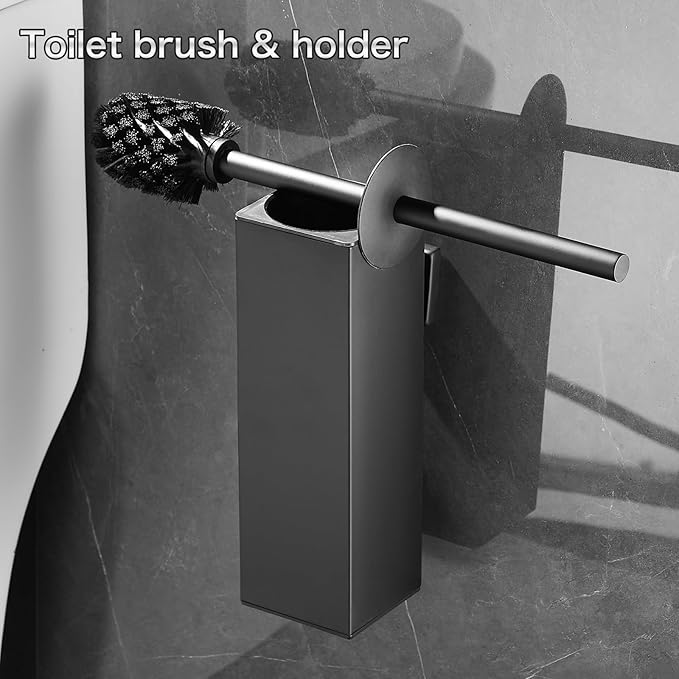 Wall-Mounted Toilet Brush and Holder Set with Cleaning Brush Head Splash Guard and Drip Tray - Black