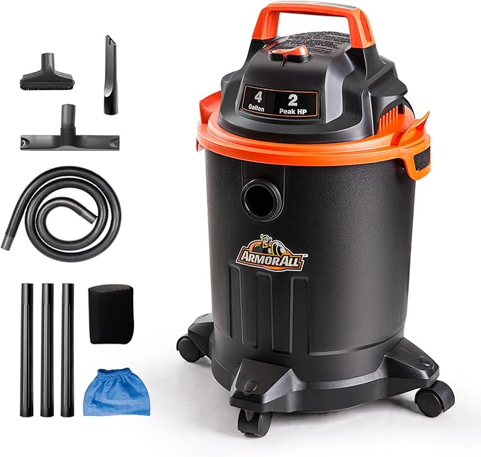 Armor All VO405P 0901 4 Gallon Wet/Dry Vac 2.0 Peak HP Shop Vacuum with Nozzles &amp BrushBlack/Orange
