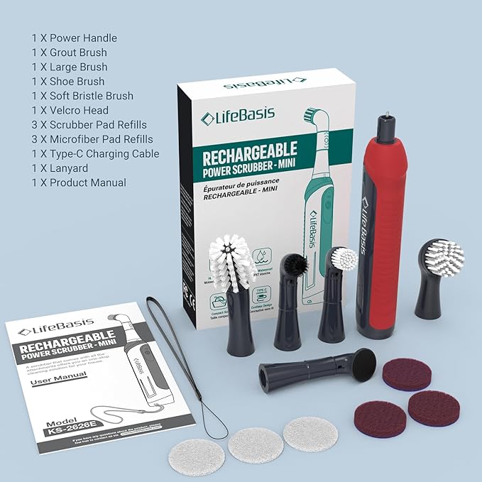 LifeBasis Rechargeable Power Scrubber 11-Piece Kit Cordless Electric Cleaning Brush IPX7 Waterproof Electric Grout Brush for Home Kitchen Bathroom Grout Tile Shower Tub Red