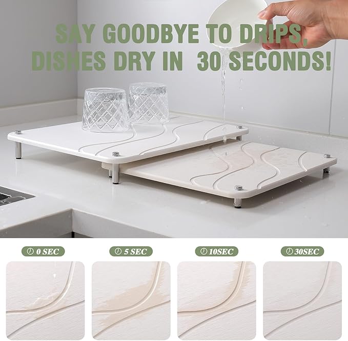 2-Pack Marble Dish Drying Mats for Kitchen Counter Diatomaceous Earth (Diatomite) Quick-Dry Sink Countertop Pads for Dishes &amp Utensils Non-Slip Easy to CleanWhite