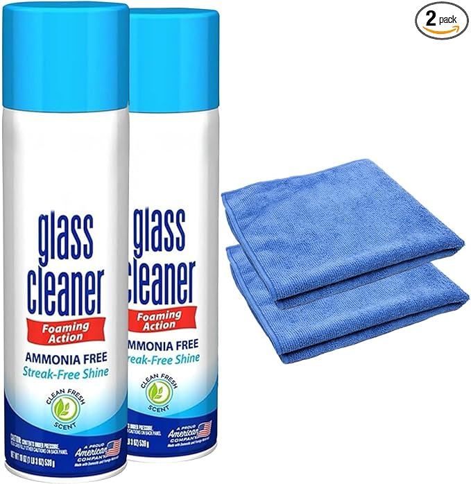 Glass Cleaner Foam Foaming Action &amp Spray 23oz - 2 Pack - Clean Fresh Scent - Bundled With 2 Microfiber Cleaning Clothes (Total 46 OZ)