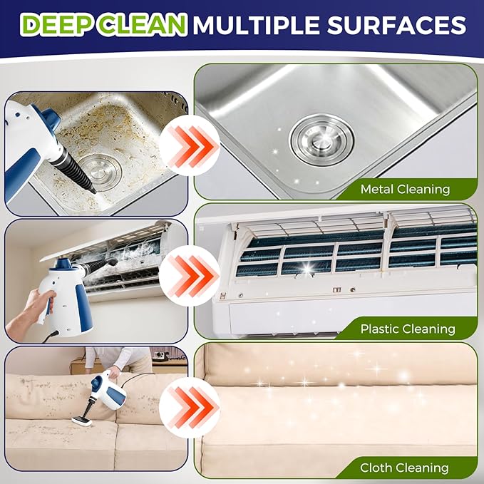 Steam Cleaner Pressurized Handheld Multi-Surface Natural Steam Cleaner with 12 PCS Accessories &amp Safety Lock 350ML Large Capacity Steamer for Car Home Upholstery Kitchen Window Grime Grea