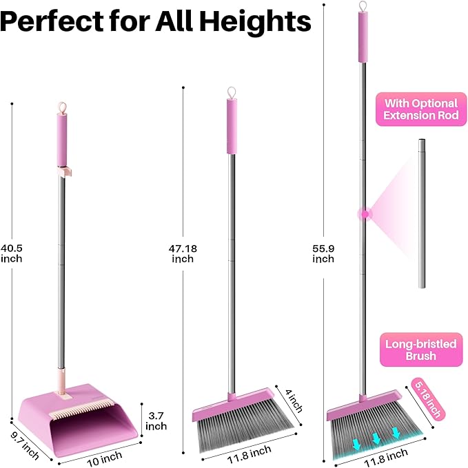 JOYMOOP Pink Broom and Dustpan Set Upright Angle with Built-in Comb Teeth for Kitchen Lobby Pet Hair and Hard Floors