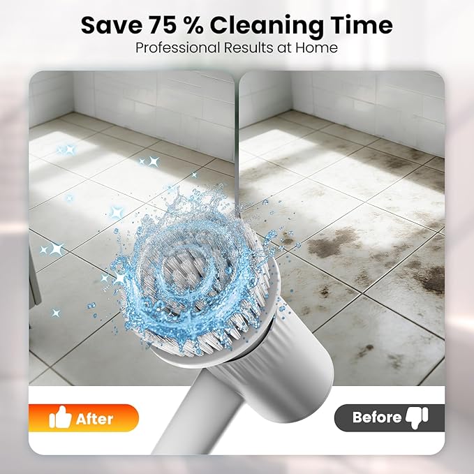 Electric Spin Scrubber - 4500mAh Cordless Cleaning Brush with 6 Brush Heads 47 Adjustable Handle Relieves Back Pain IPX7 Waterproof Power Scrubber for Bathroom Shower Floor Tile Bathtub