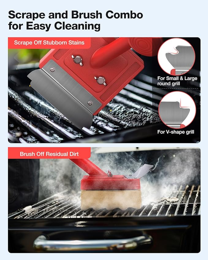 Grill Brush Bristle Free Safe Non Metal Wire with Scraper 5 Replacement Heads Steam Grilling Grate Cleaning Tool Wireless Bbq Cleaner Accessory Kit Set Outdoor Cast Iron Barbecue/Barbeque Scrubber