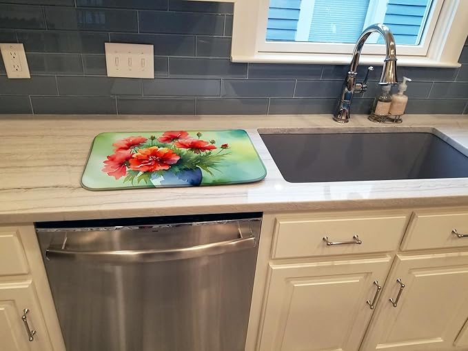 Caroline's Treasures DAC1699DDM Ohio Scarlet Carnations in Watercolor Dish Drying Mat Absorbent Dish Drying Mat Pad for Kitchen Counter Dish Drainer Mat for Countertop 14 x 21 Multicolor