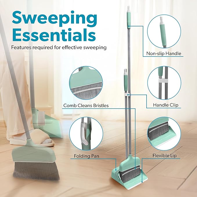 BLACK+DECKER Butler Broom &amp Dustpan Set - Short Handle Stand-Up Design - Lightweight Space-Saving Combo for Kitchen Living Room Bathroom Lobby Floors - Home Cleaning Essential Teal/Grey