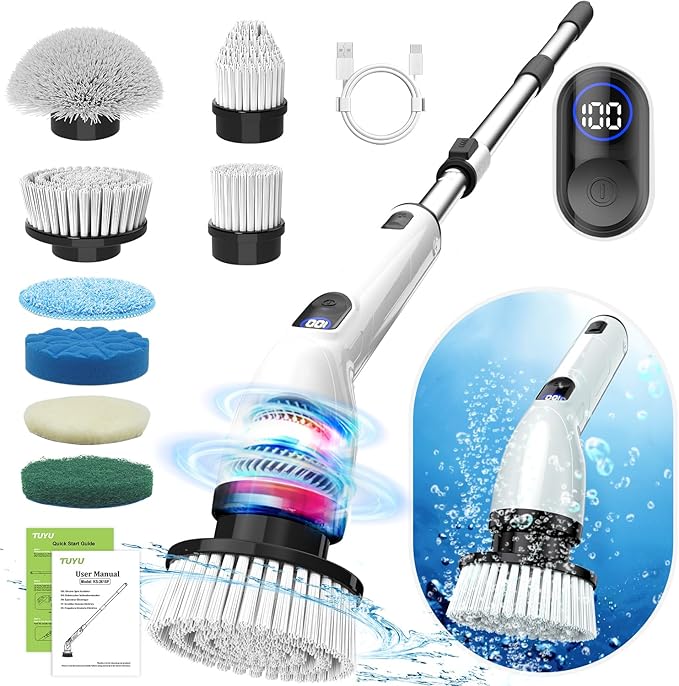 TUYU Electric Spin Scrubber Full-Body IPX7 Waterproof Bathroom Scrubber with Power LCD Display 8 Replacement Head Adjustable Extension Handle Cordless Shower Cleaner Brush for Bathtub Cleaning