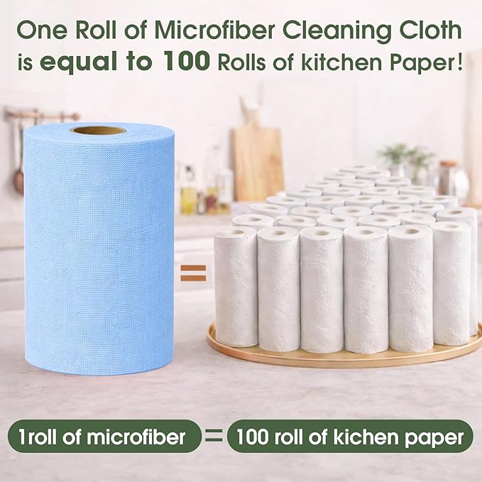 Microfiber Cleaning Cloth Roll - 100 Pack Tear Away Microfiber Paper Towels Reusable Washable Scratch-Free Kitchen Towels for Car Home Kitchen Glass Dishes (Blue)