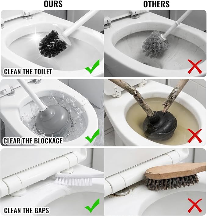 3-in-1 Toilet Brush and Plunger Set with Hidden Holder Vented Stand &amp Drip Tray Hangable or Freestanding 360° Deep-Clean Brush Head + Gap Brush Shatter-Resistant Handles（White）
